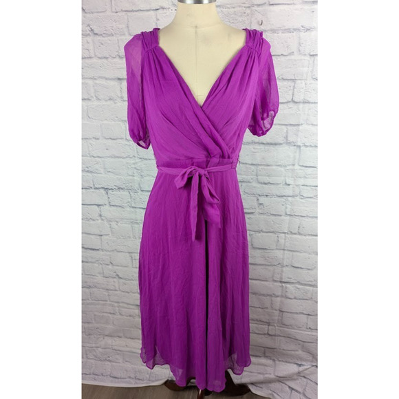 Dkny Balloon-Sleeve MIDI Dress Flamingo Women's Size 6 Short Sleeve Faux Wrap - Picture 1 of 4